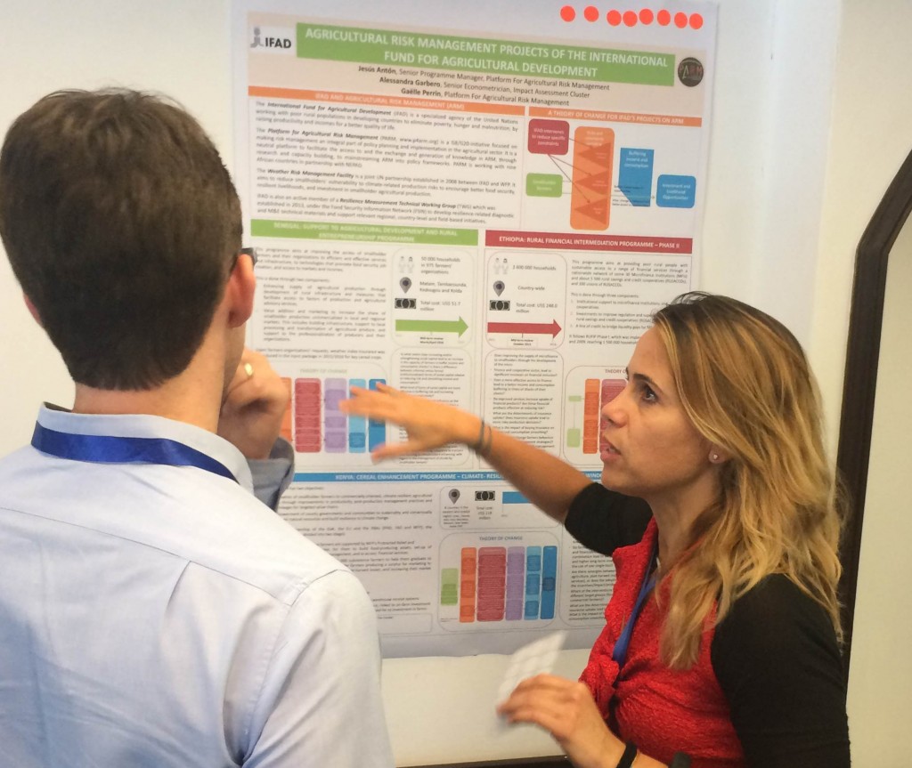 Alessandra Garbero (Senior Econometrician, IFAD Impact Assesment Cluster) presenting the poster prepared in collaboration with the PARM team on three IFAD projects related to Agricultural Risk Management